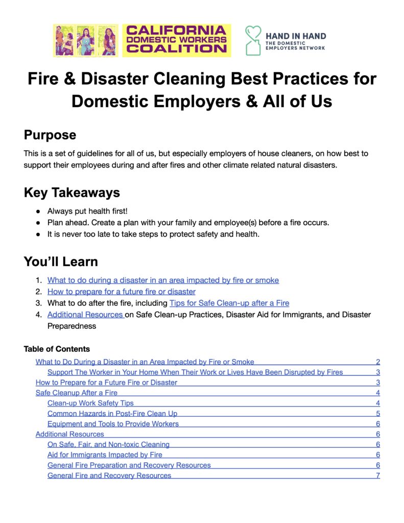 the first page of our guide features the California Domestic Workers Coalition logo and Hand in Hand's logo in addition to the guide summary