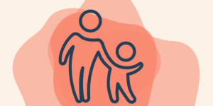 Line drawing of an adult holding hands with a small child. 