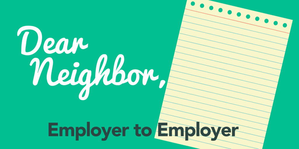 Pad of paper, with text Dear neighbor, Employer to Employer
