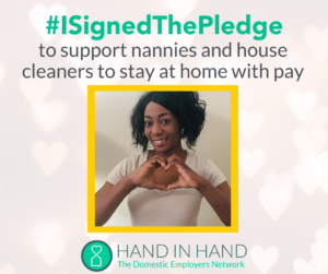 black woman holding hands in heart shape showing that she signed the pledge to pay domestic workers