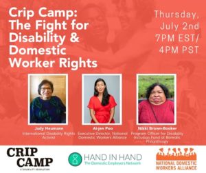 Graphic with text: Crip Camp: The Fight for Disability and Domestic Workers Rights. Photographs of Judy Heumann, Ai-jen Poo and Nikki Brown Booker