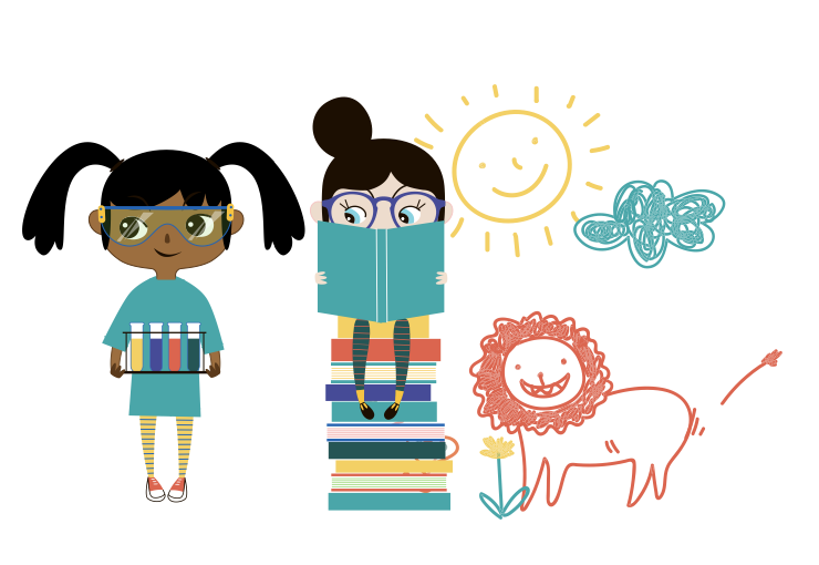 Graphic of children reading, holding test tubes, illustration of sun and lion