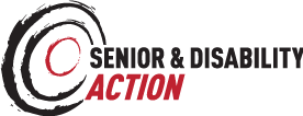 Logo for Senior & Disability Action, with a black and red decorative swirl.