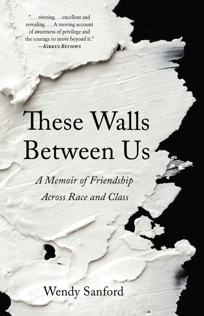 Book cover with text These Walls Between Us, with image of black background with white plaster on top