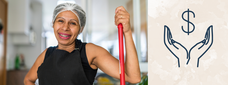 A woman holding a broom, with the graphic of palms and a dollar sign in the middle. 