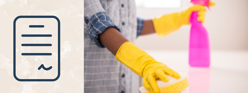 graphic of a paper with scribbles, on the left is an image of a black hand with yellow gloves wiping a counter.