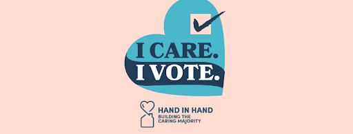 Light pink graphic with blue heart that has the words "I CARE I VOTE" along with a checkbox at the top right corner of the heart.