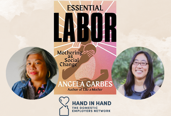 A watercolor graphic that has a headshot of Angela Garbes to the left and Stacy Kono to the right, with the book Essential Labor in the middle. 