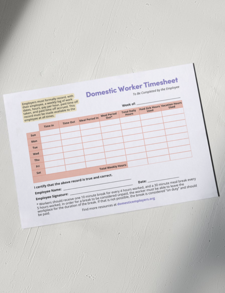 Hand in Hand's Domestic Worker Timesheet is a landscape document with a pink grid. It sits on a painted white table.