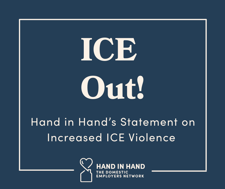 White text on blue background reads ICE Out! Hand in Hand's Statement on Increased ICE Violence.